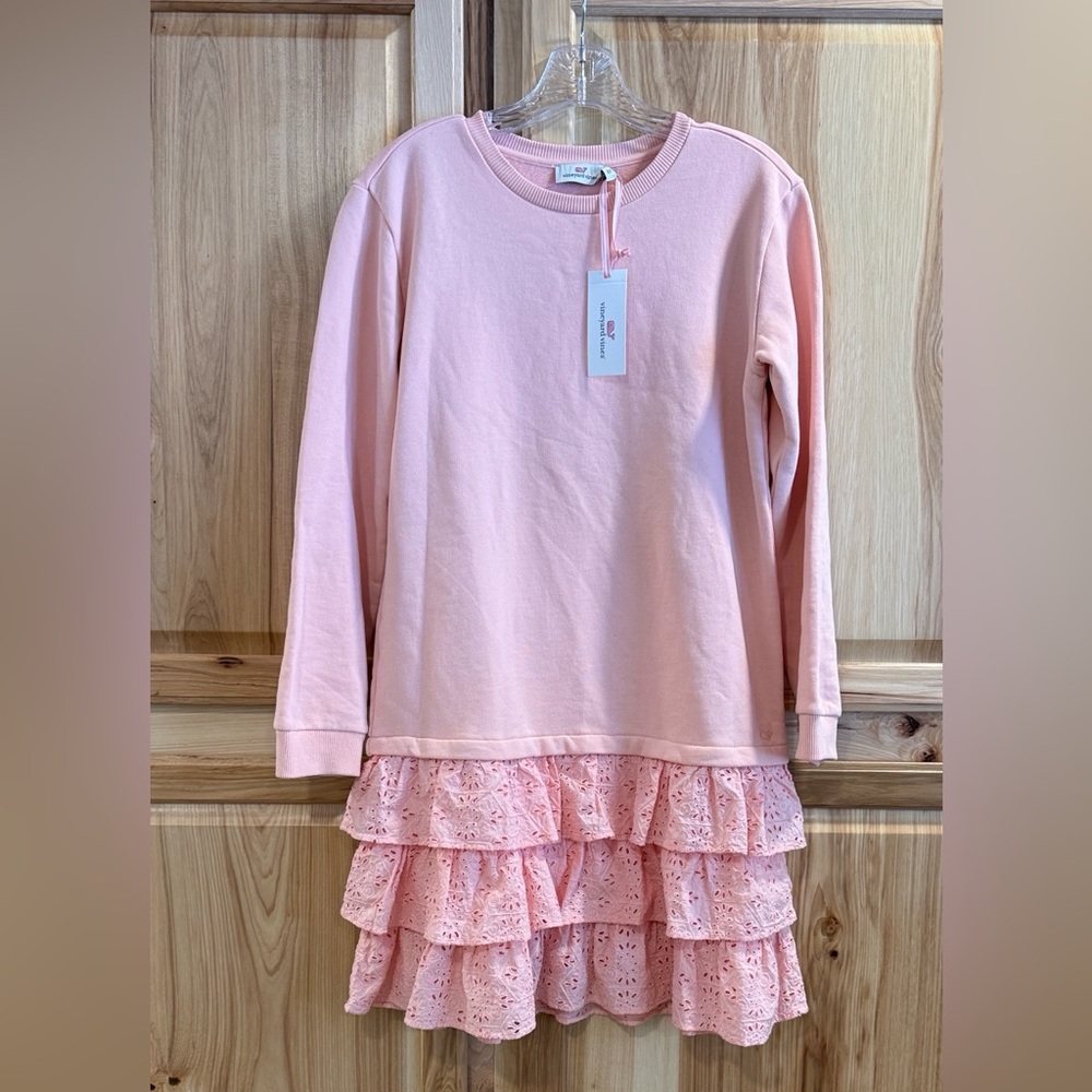 NWT Vineyard Vines Girls Pink Long Sleeve Tired Eyelet Ruffle Dress Size 16